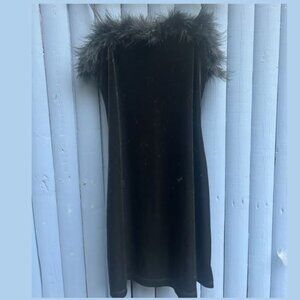 Vintage Black Velour Mini Tube Dress with Feather Trim and Spaghetti Straps